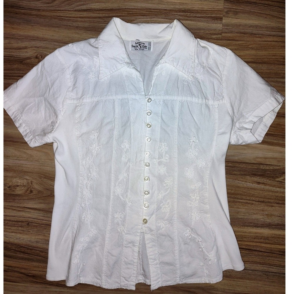 American South Side White Cotton Embroidered Short Sleeve Button Down Shirt L
